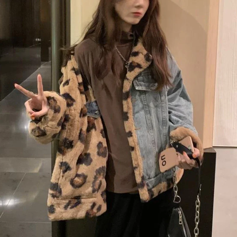 Leopard Print Korean Fashion Reversible Lambswool Jacket Loose Thickened Solid Color Denim Top Parkas Winter Jacket for Women