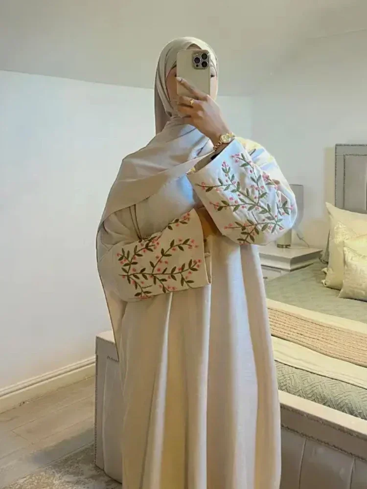 Abaya tertutup Linen katun dengan lengan bordir gaun Muslim Islam polos Abaya untuk wanita Kaftan jubah Turki mewah Dubai