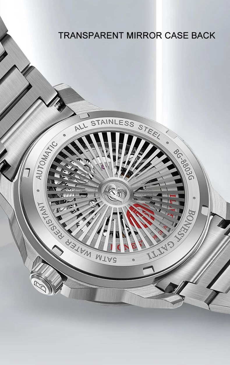 BONEST GATTI ساعة أوتوماتيكية للرجال 42 ملم ساعة يد ميكانيكية ياقوت زجاجي هيكل عظمي قرص كريستال مضيء