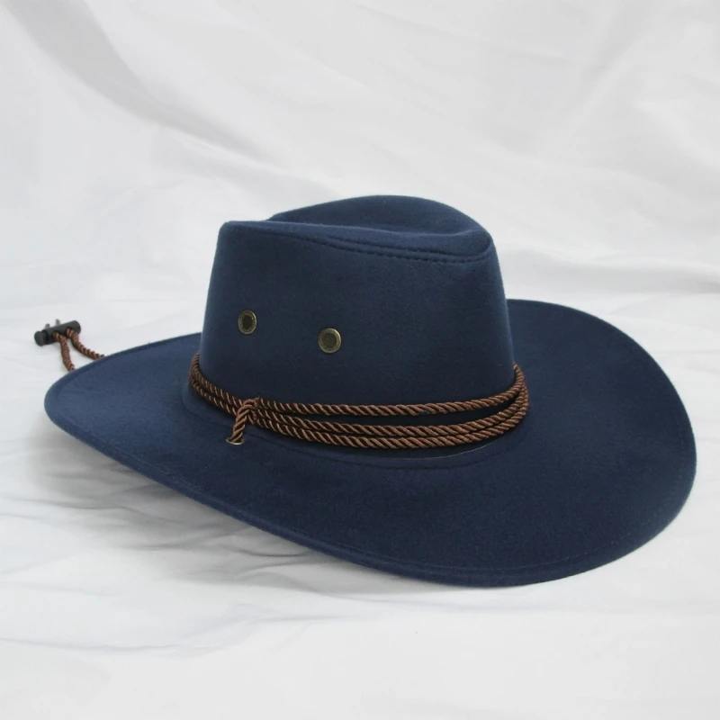 Vintage Wide Brim Western Cowboy Hat with Rope Windproof for Morning Workout Dropship