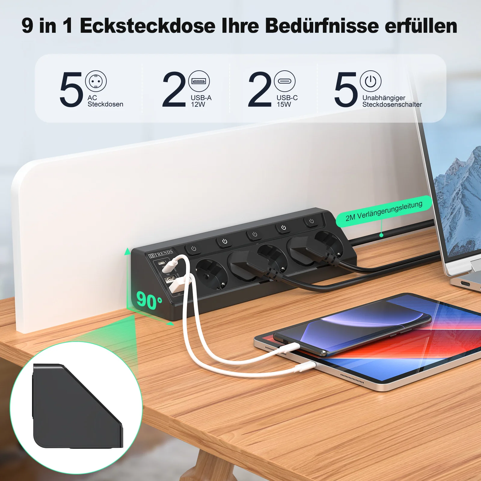EU 5-Way Sockets Desktop Power Strip with Individual switch, mulit plug outlets with USB Charge, 2m Extension Cord