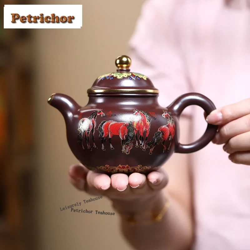 HOYIHM 300ml High-end Yixing Purple Clay Teapots Famous Handmade Colour Enamels Pot Raw Ore Purple Mud Kettle Zisha Tea Set
