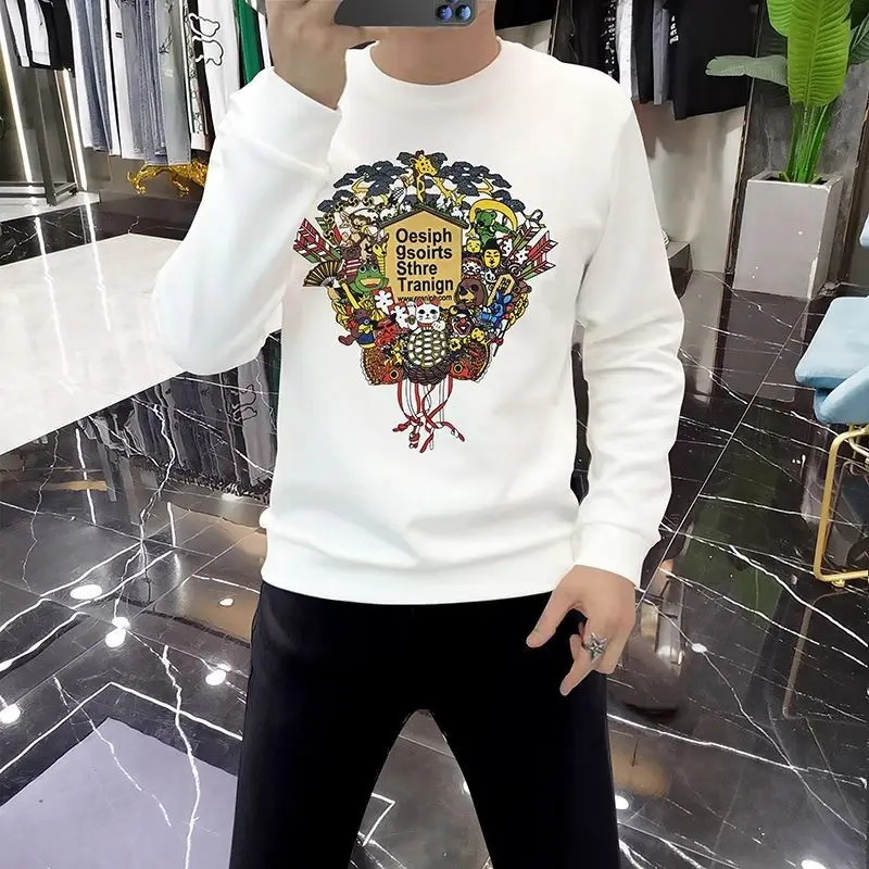 

Men's Long Sleeve Round Neck Hoodie Trendy Cartoon Autumn and Winter Plush Top Slim Bottom Shirt