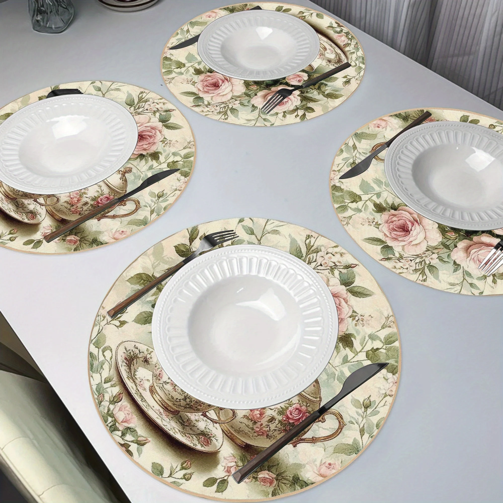 VIKAMA 4PC Retro Rose Countryside Style Meal Mat Powder Rose Bush Tea Cup Dining Table Restaurant Decoration Warm and Romantic