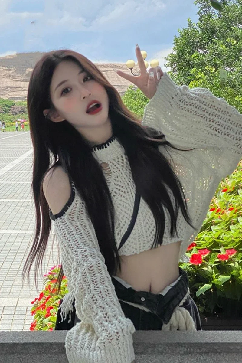 

Свитер женская одежда летний тонкий джемпер Pull Femme с открытыми плечами и длинными рукавами Y2k топы ажурные вязаные укороченные пуловеры