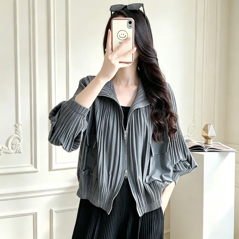 Miyake Pleated Jacket Women New Autumn Winter Long Sleeve Zipper Pocket Jacket Simple Casual Fashion Wrinkle-Free Women's Top