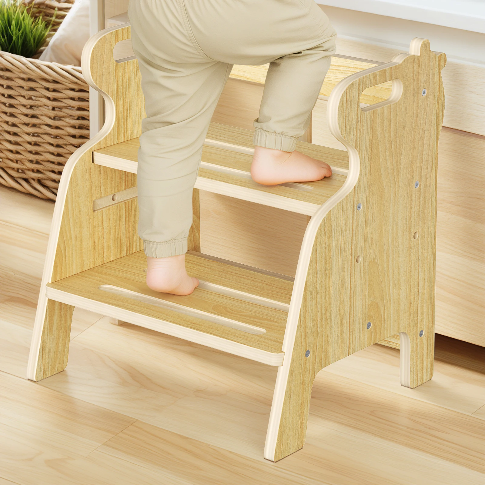 Sgabello per bambini in legno con 2 gradini, sgabello antiscivolo con manico, carico massimo 50 kg, cucina bagno bambino dai 3 anni