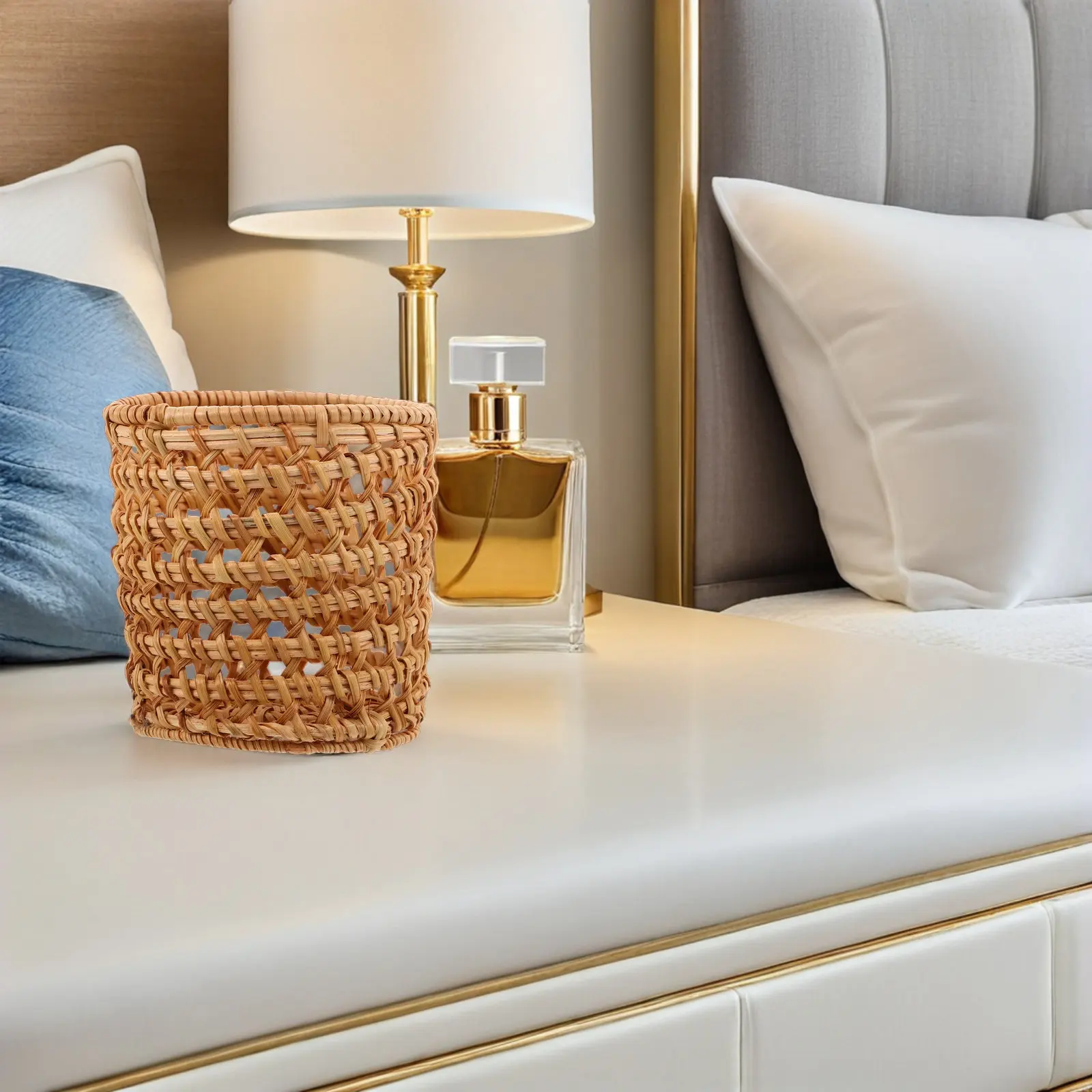 Hand-Woven Rattan Pen Holder Multifunctional Desktop Basket for Stationery Pencil Marker Brush Storage Office Vanity Space