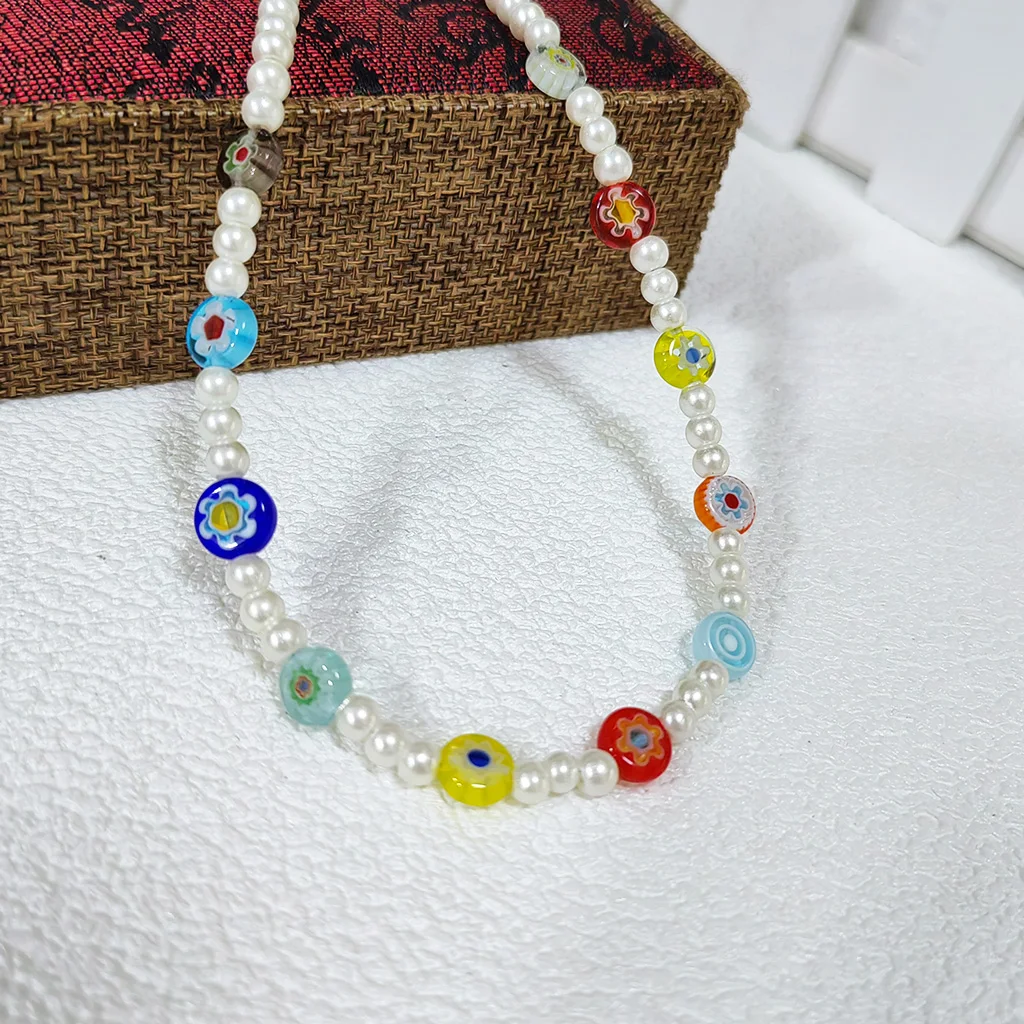 1PCS New Simple Color Versatile Round Single Flower Glass Necklace For Women Clavicle Chain Muran Flowers Glazed Bead Jewelry