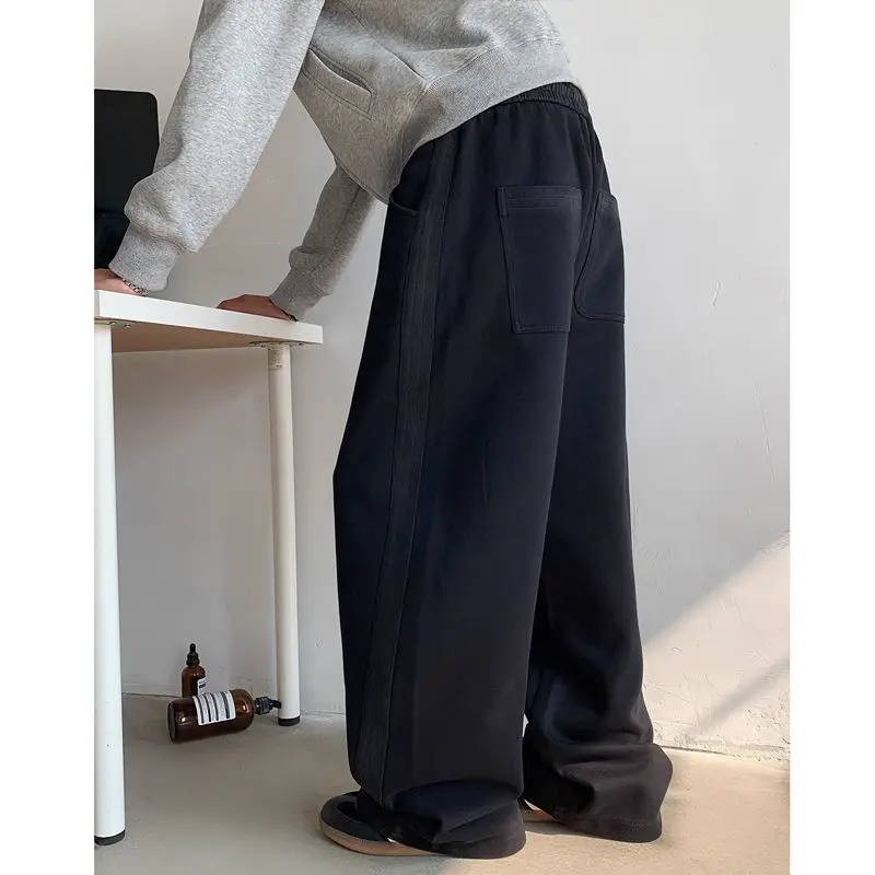 Gray Scimitar Elastic Band Sweatpants Men Autumn Winter Trousers American High Street Wide Leg Sports Casual Versatile Trousers