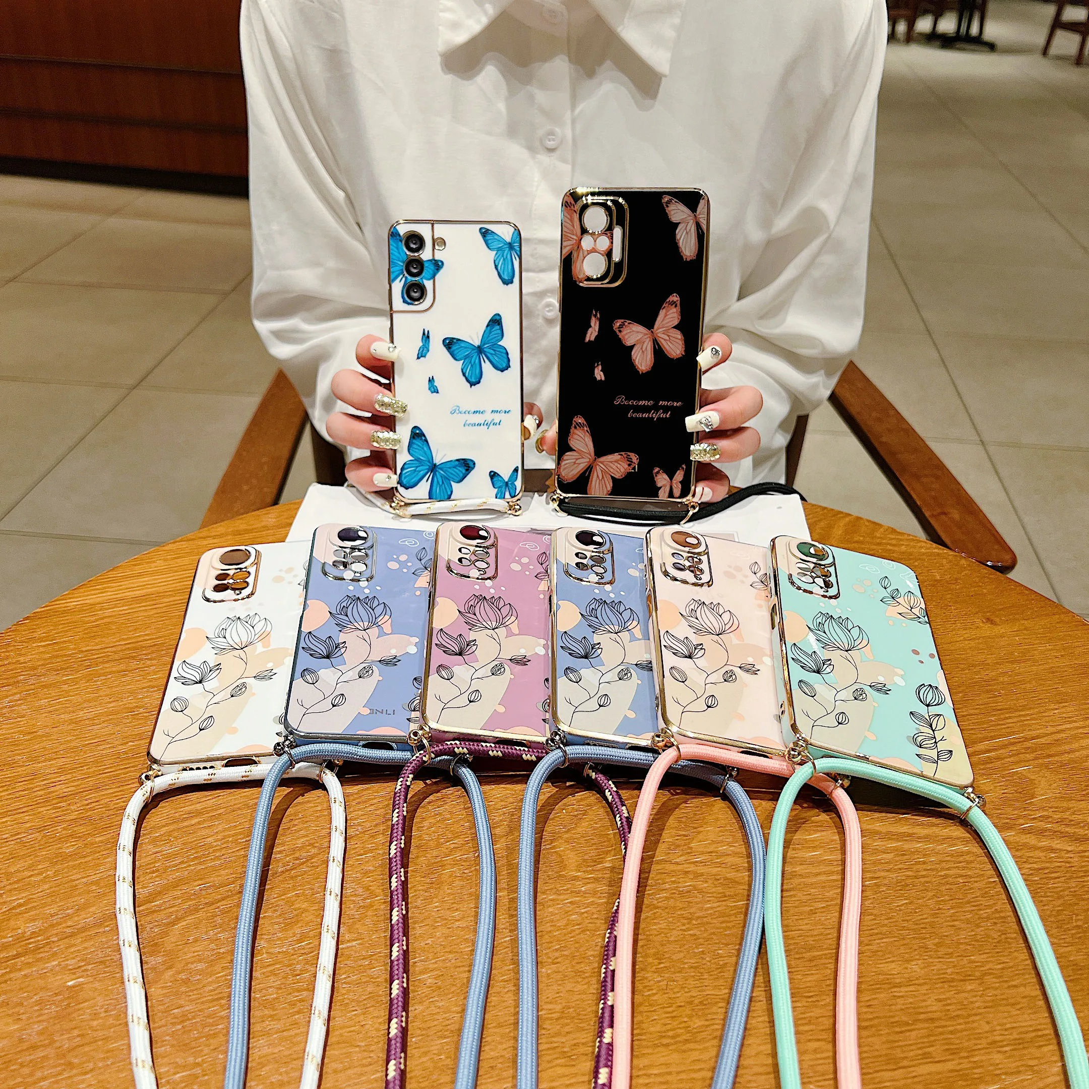 Plant Plating Diagonal Lanyard Phone Case For Xiaomi Redmi Note 11 12 11s 10 10s 8pro 9 Pro Note 10Pro 9C NFC 9A 9T 10 10C Cover