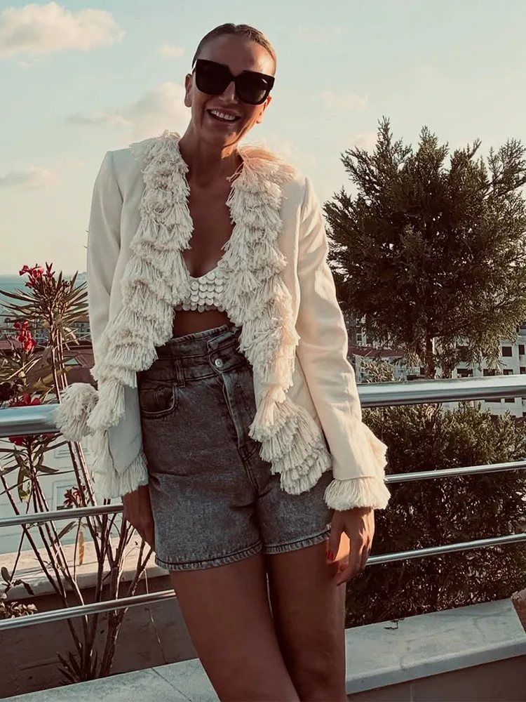 V-neck Tassel off-white Women Outwear Long Sleeve Irregular Short Skinny Lady Spring Autumn Fashion Slim Female Coat 2026