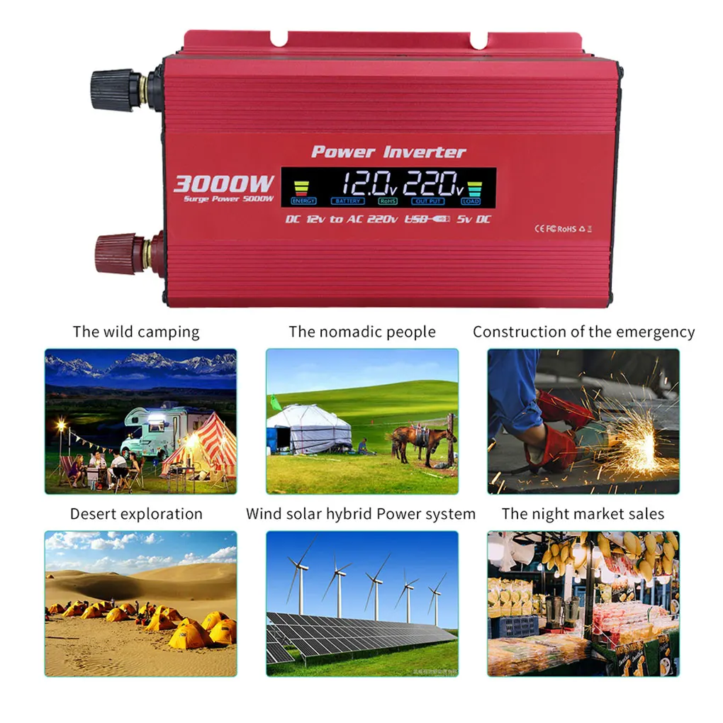 Sine Wave Car Inverter DC 12V to AC 220V Short Circuit Protection Built-in Fan Boat Outdoor Camping Emergency Converter