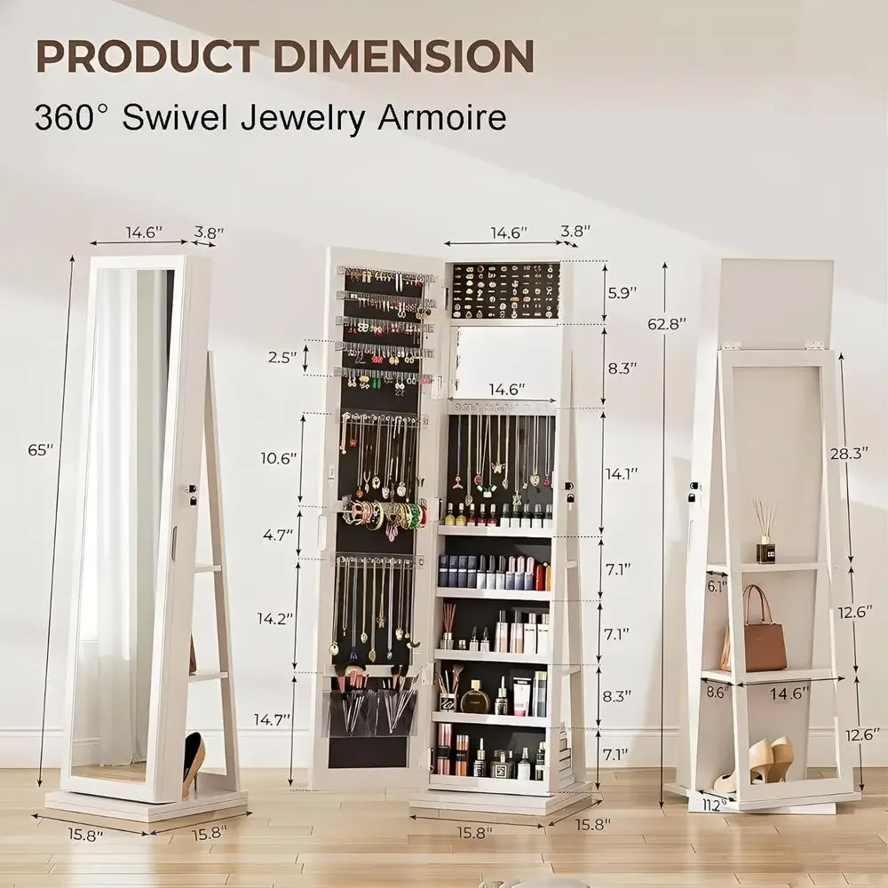 65 White Swivel Mirrored Jewelry Armoire with Lockable Storage and Rear Shelves
