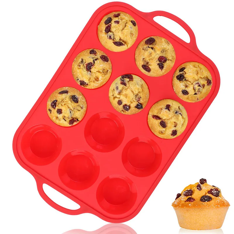 Molde de silicona para magdalenas de tamaño normal con estructura metálica reforzada Fácil de mover 12 tazas para hornear Molde antiadherente para magdalenas Sin BPA