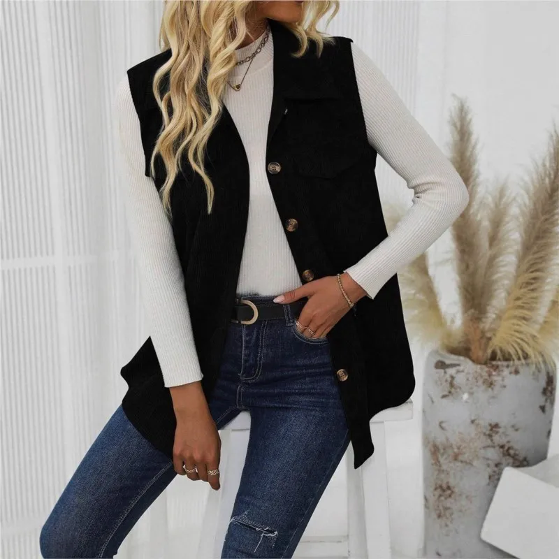 Spring And Autumn Women's Tank Jacket Coat Horse Clip Lapel Cardigan Casual Commuter Corduroy Women Vest Khaki Coats Clothing