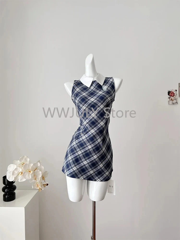 2024 Korean Fashion Graduation Mini Gyaru Plaid Preppy Sleeveless Dress Women 2000s Frocks Mori Girl One-Piece Aesthetic Party