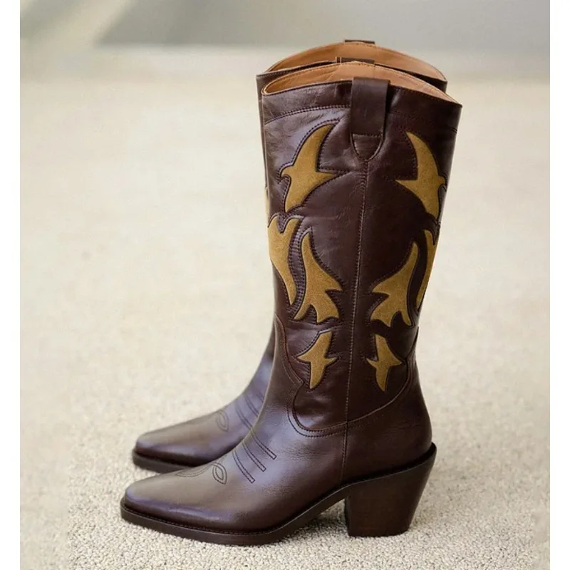 PU Leather Embroidery Pointed Toe Mid-Calf Women Western Cowboy Boot Chunky High Heel Side Zipper Design Large Size Cowboy Shoes