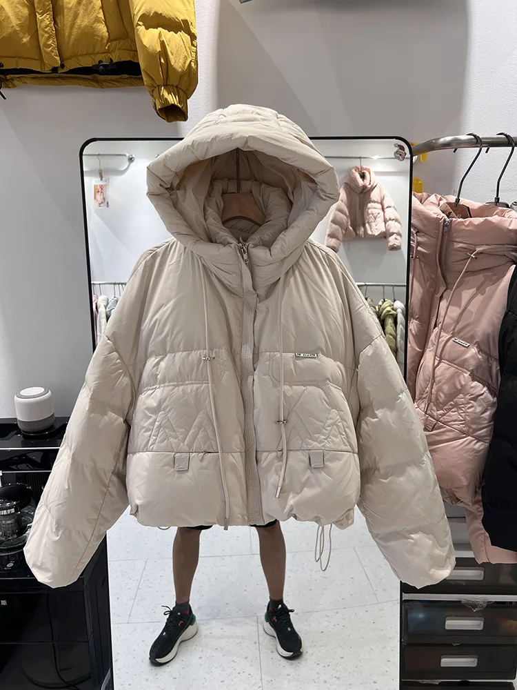 Fashion hooded drawstring down jacket women 2025 new Korean version short style and versatile casual white duck down jacket