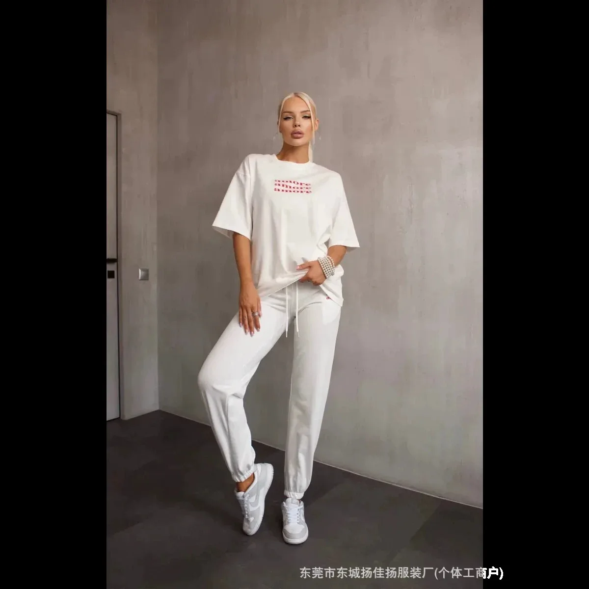 Women Minimal Amore Triple Red Letter Print Oversized Short Sleeve T-Shirt Crew Neck Loose Fit 100% Cotton Soft Breathable Basic