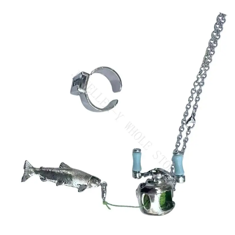 R7UF Artistic Detailed Fishing Reel Inspired Necklace Ring Set For Collectors Present