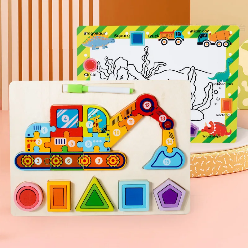 Planche à dessin en bois pour enfants, jouets Montessori, puzzle 3D, animal de dessin animé, voiture, jeu d'amusement, cadeaux pour enfants, 3 en 1