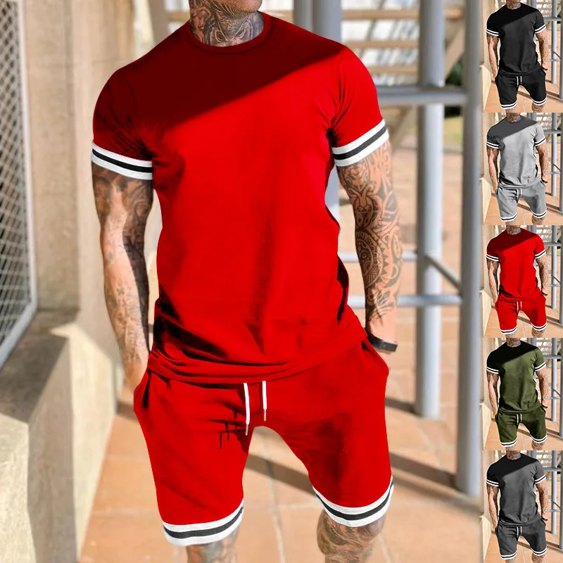 Summer New Men 2 Piece Set Tracksuits Casual Fashion Short Sleeves T-shirt+shorts Pants Suits Mens Clothing Breathable Outfit