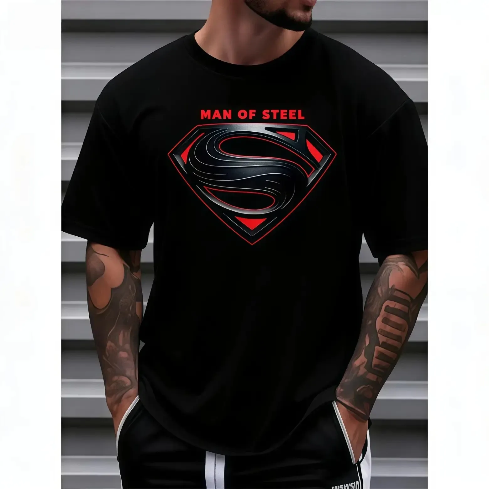 Men's Plus-Size Casual Crew-Neck T-Shirt – Short-sleeve tee with _Man of Steel_ graphic print, suitable for everyday wear in spring and summer _   Fun text design, comfortable fit _   Sizes_ S–5X