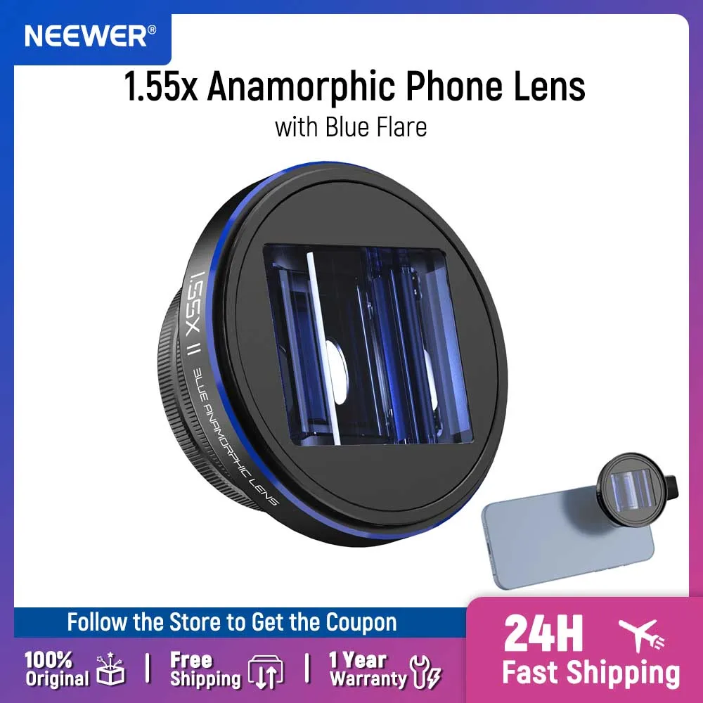

NEEWER 1.55x Blue Anamorphic Lens Compatible with iPhone Android Samsung, Phone Camera Accessories with 17mm Threaded Lens Clip