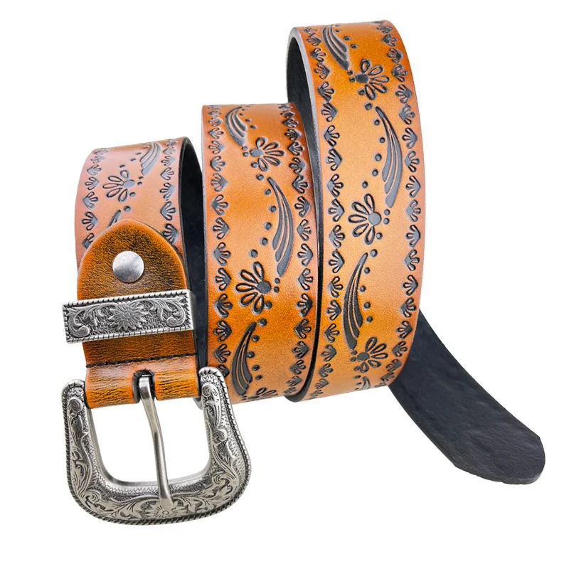 Punk Retro Embossed Top Layer Cowhide Belt,Men Personality Luxury Punk Style European and American Real Genuine Leather Belts