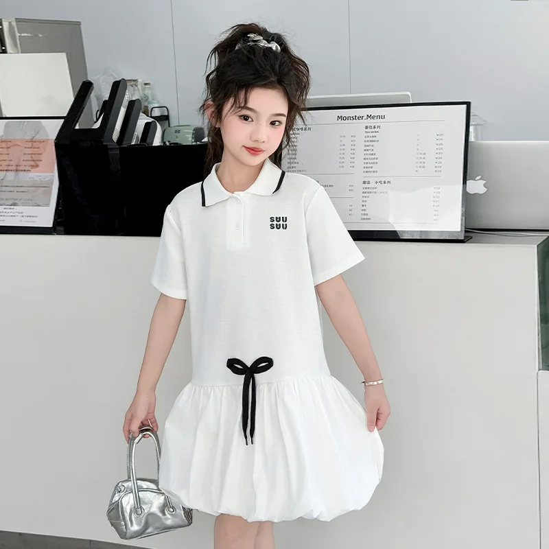 Girls' Summer Polo Dress Stylish Polo Shirt Turn-down Collar Dresses for Teenage Fashionable Breathable Short Sleeve Clothes