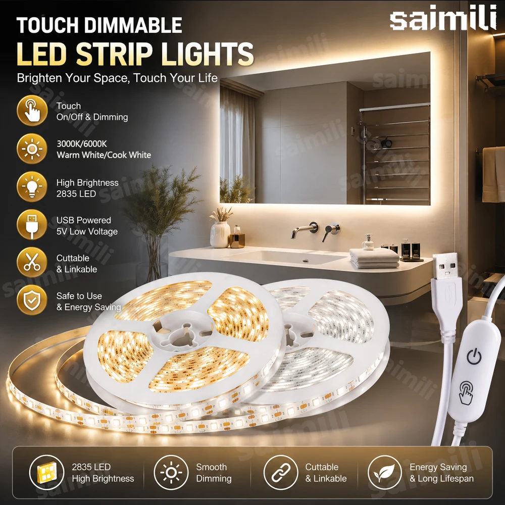 5V USB SMD2835 Flexible LED Tape Strip Touch Sensor Dimmer Self Adhesive Lamp For Kitchen Cabinet Stair DIY Decor Lighting
