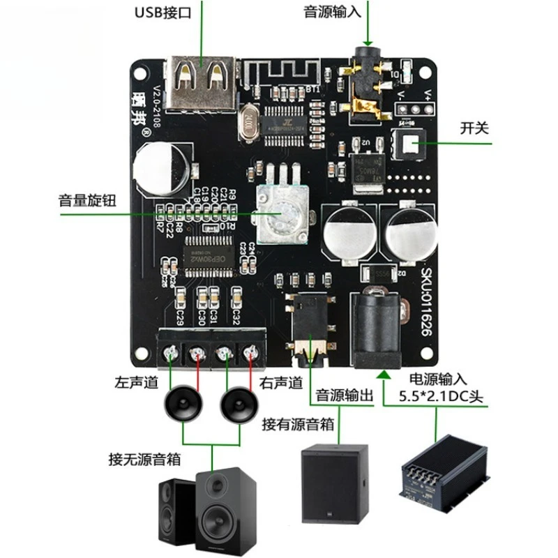 30W * 2 | 80W * 2 Bluetooth 5.0 Digital Power Amplifier Board, Two-channel Stereo HIFI, U Disk Audio Cable Input
