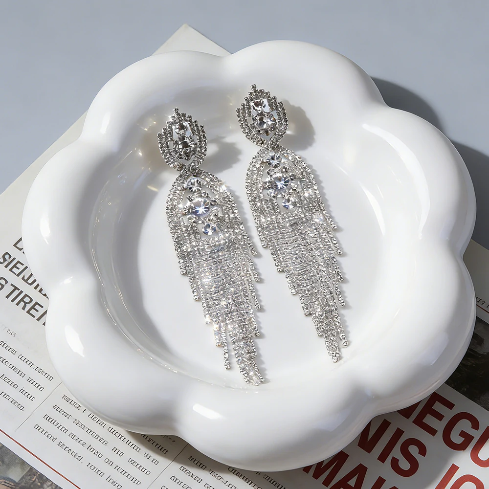 Long Tassel Rhinestone Dangle Earrings Copper Welded Crystal Chain Bridal Drop Earring for Wedding Party Statement Women Jewelry
