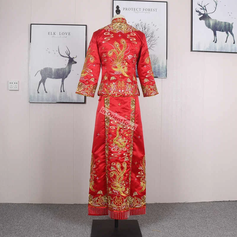 Dragon Phoenix Gown Bride Chinese Trend Costume Cheongsam Evening Top + Skirt Show Clothing Slim Style Robe for Wedding Women