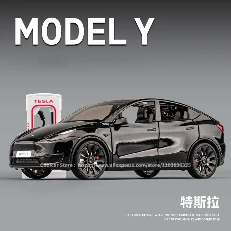 Alle 1:24 TESLA MODEL Y Model 3 met oplaadstapel Legering gegoten metalen speelgoedautomodel Geluid en licht Kindercollectibles Cadeau