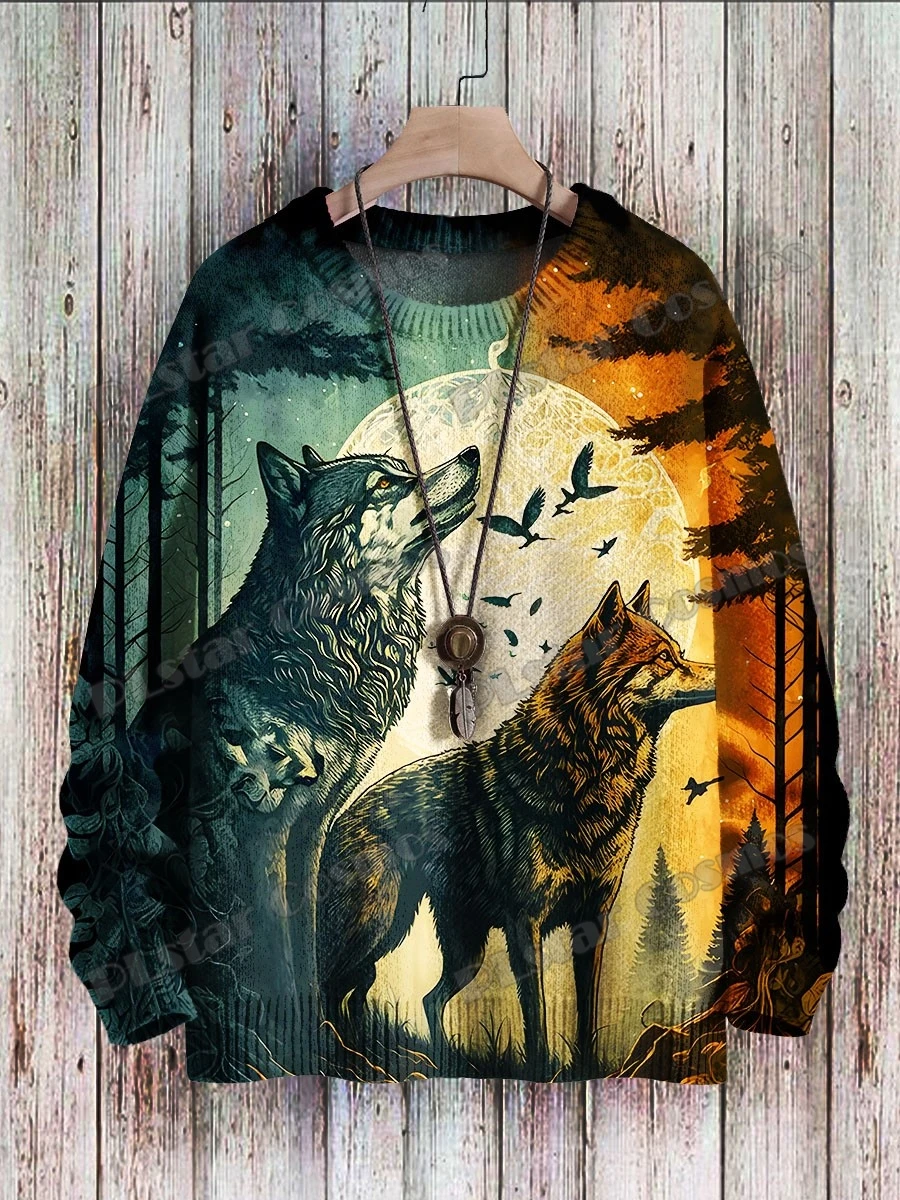 Wolf Vintage & Retro Colorful Lion Pattern 3D Printed Men's Knitted Pullover Winter Unisex Casual Knit Pullover Sweater ZZM115