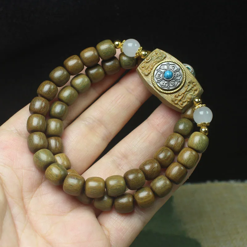 Green Sandalwood Blood Sandalwood Old Beads Double Loop Six-Character Words Square Bracelet Ethnic Dzi Beads Prayer Gifts