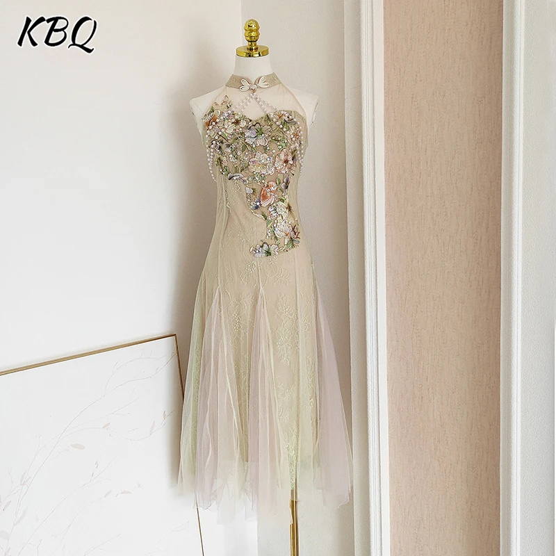 

KBQ Solid Spliced Diamonds Slimming Dresses for Women Stand Collar Sleeveless High Waist Temperament Dress Female Fashion New