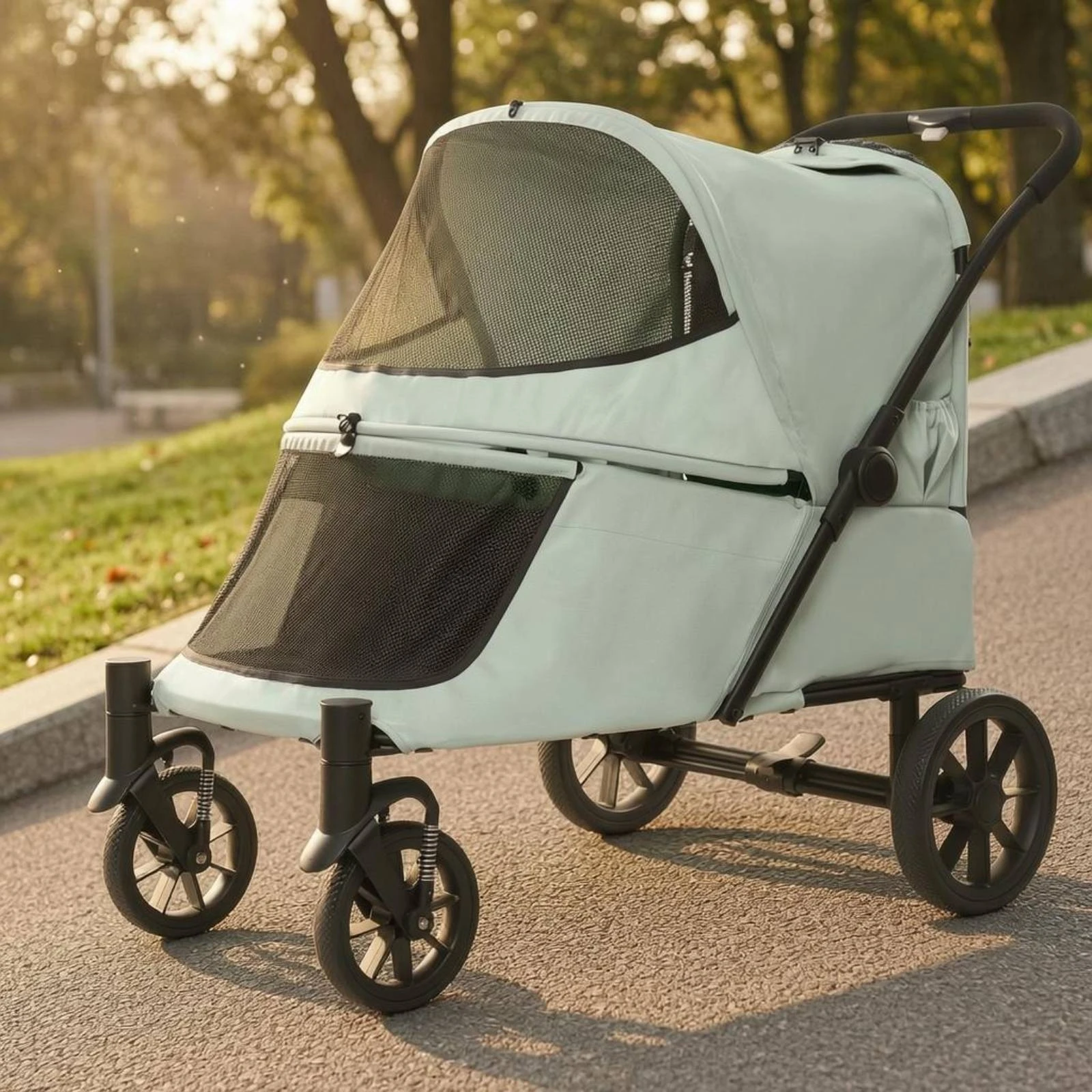 Folding Dog Stroller Single-Press Fold Soft-Sided Pet Stroller Front Ramp