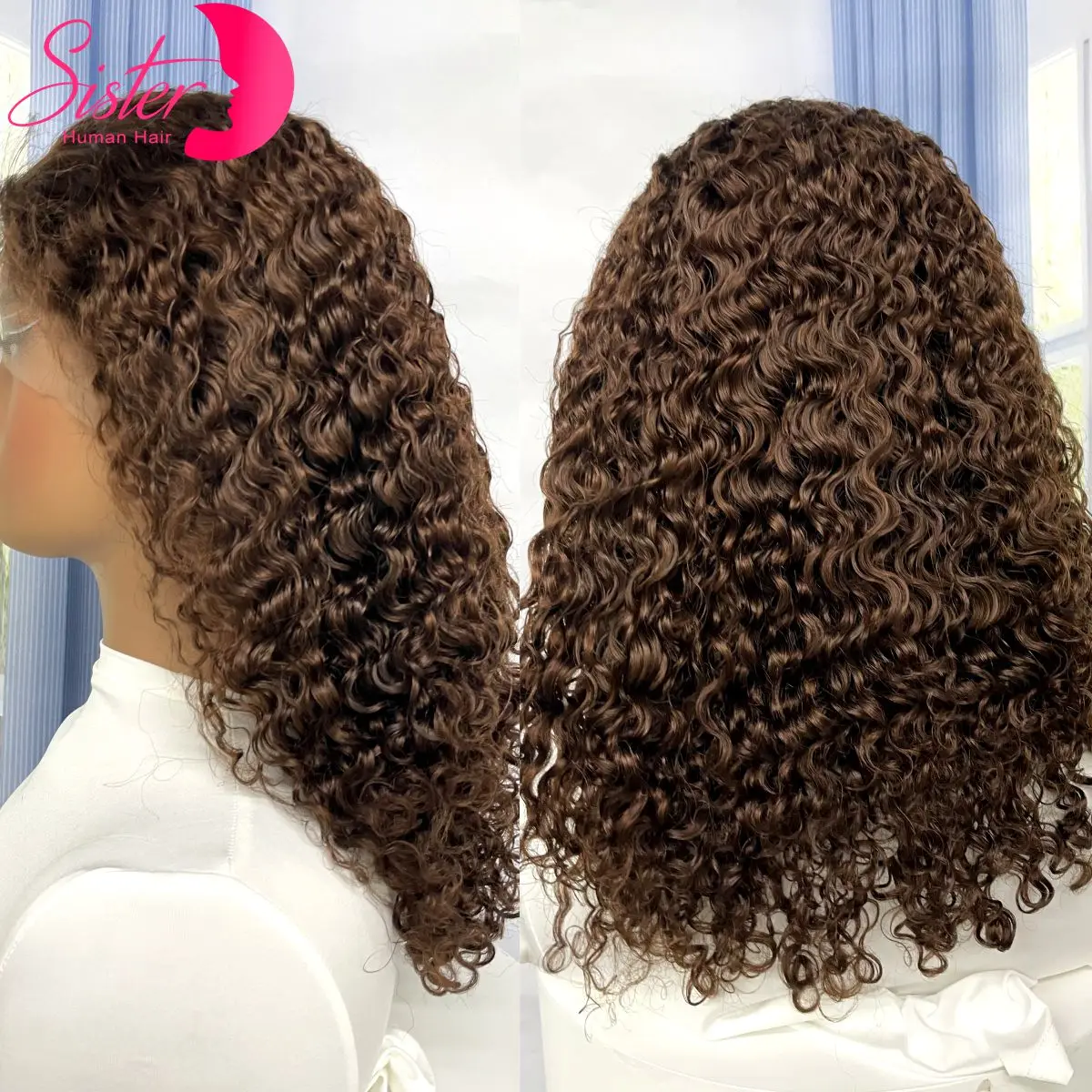 12A Double Drawn Chocolate Brown Bouncy Curly Human Hair Wigs 300% Density 13x4 Lace Frontal Water Wave Human Hair Wig for Women