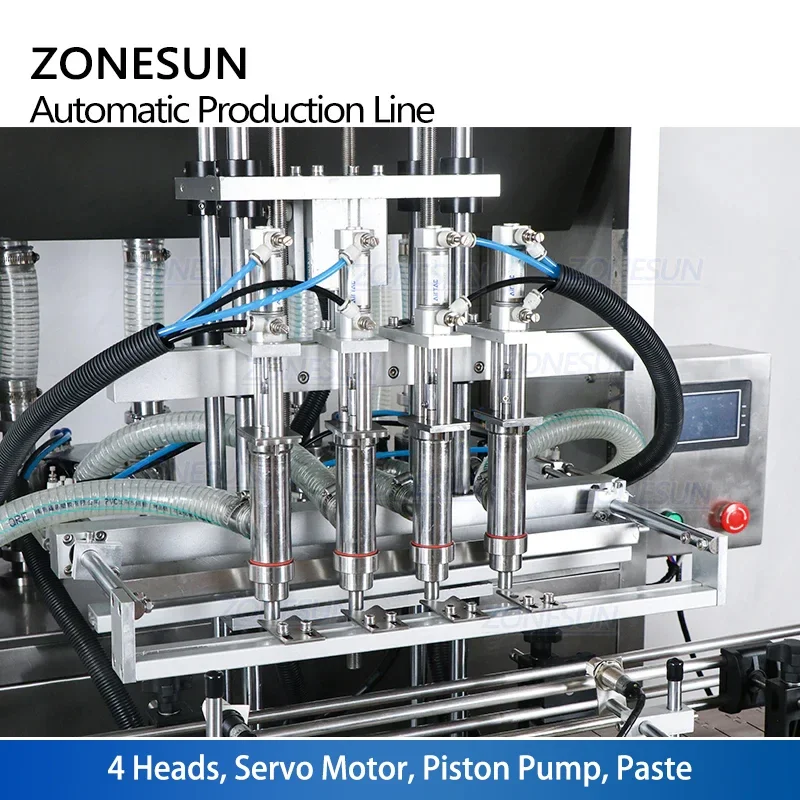 ZONESUN Custom Liquid Filling Capping And Labeling Machine 4 Heads Square Bottle Servo Ration Full Automatic Production Line