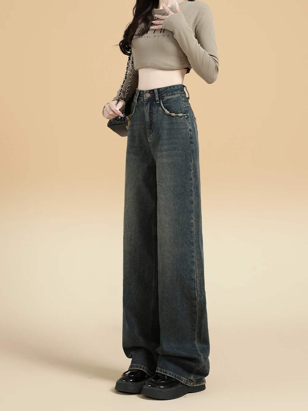 Vaqueros de pierna ancha para mujer, Vaqueros de cintura alta con botones Vintage de otoño, Vaqueros holgados de moda informales simples básicos