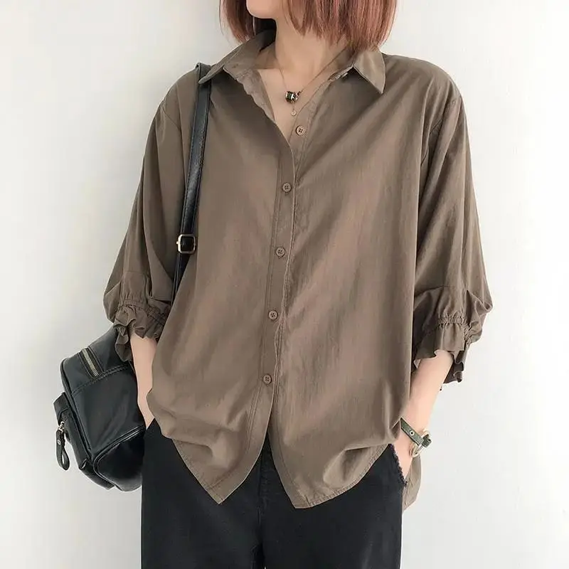 Lantern Sleeves Casual Comfort Shirt for Women\'s 2024 Summer New Korean Edition Loose Large Size Thin Pure Cotton 3/4 Sleeve Top