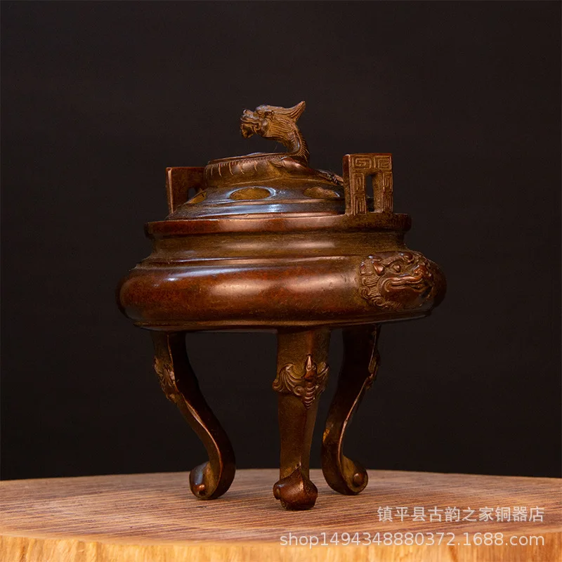 Brass with Lid, Three-Legged Double-Eared Incense Burner, Home Office Metal Craft, Pure Copper Ornament Decoratio