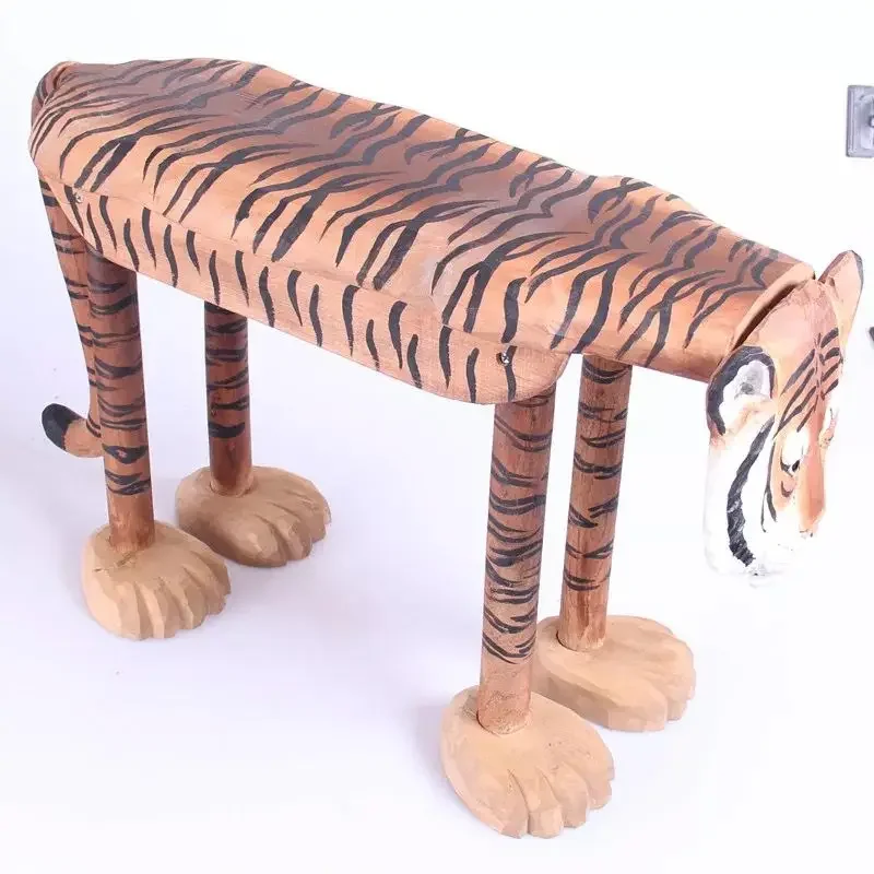 Solid wood hand carved large tiger style shoe changing stool, lobby tiger small stool