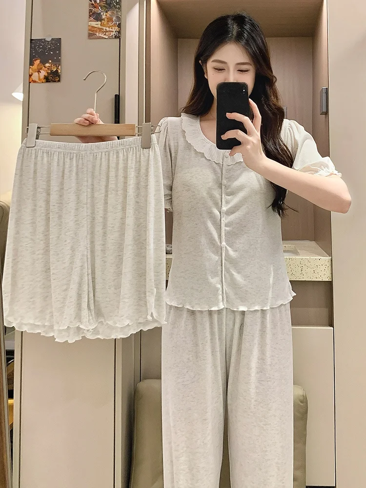 

Sweet Simple Lace Sleepwear Set Women's Summer Thin Short Sleeve Long Pants Home Clothes Comfortable Breathable Lightweight