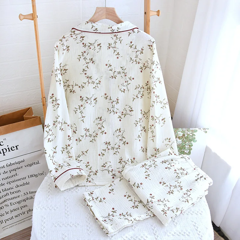 2026 Japanese Spring and Autumn New Women's Pajama Set 100% Cotton Crepe Long sleeved Pants Cardigan Cute Plus Size Home Fury