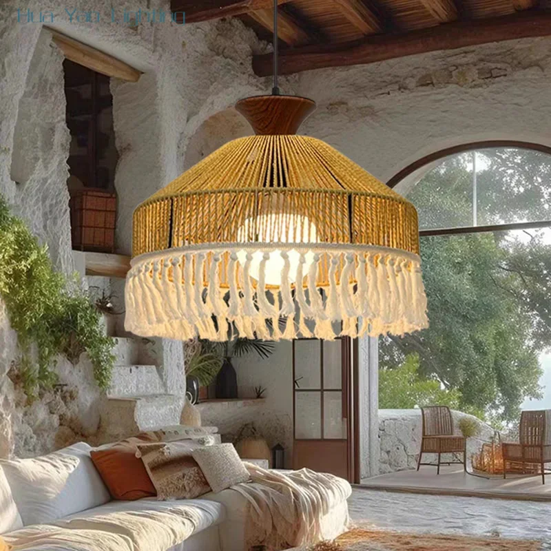 Vintage twine chandelier Bohemian rope woven fringe Homestay Dining Room Living room Tea room Japanese bedroom lamp
