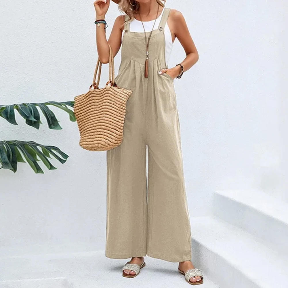 

Cotton Linen Solid Color Overalls Pants Loose Wide -footed Casual Jumpsuit For Women Clothing Plus Size Summer Tourism